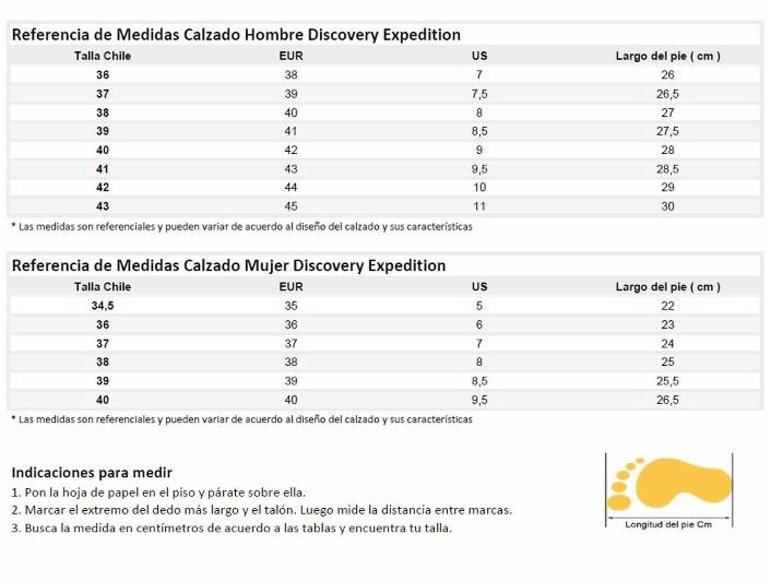Guía de tallas Discovery Chile con equivalencias de calzado