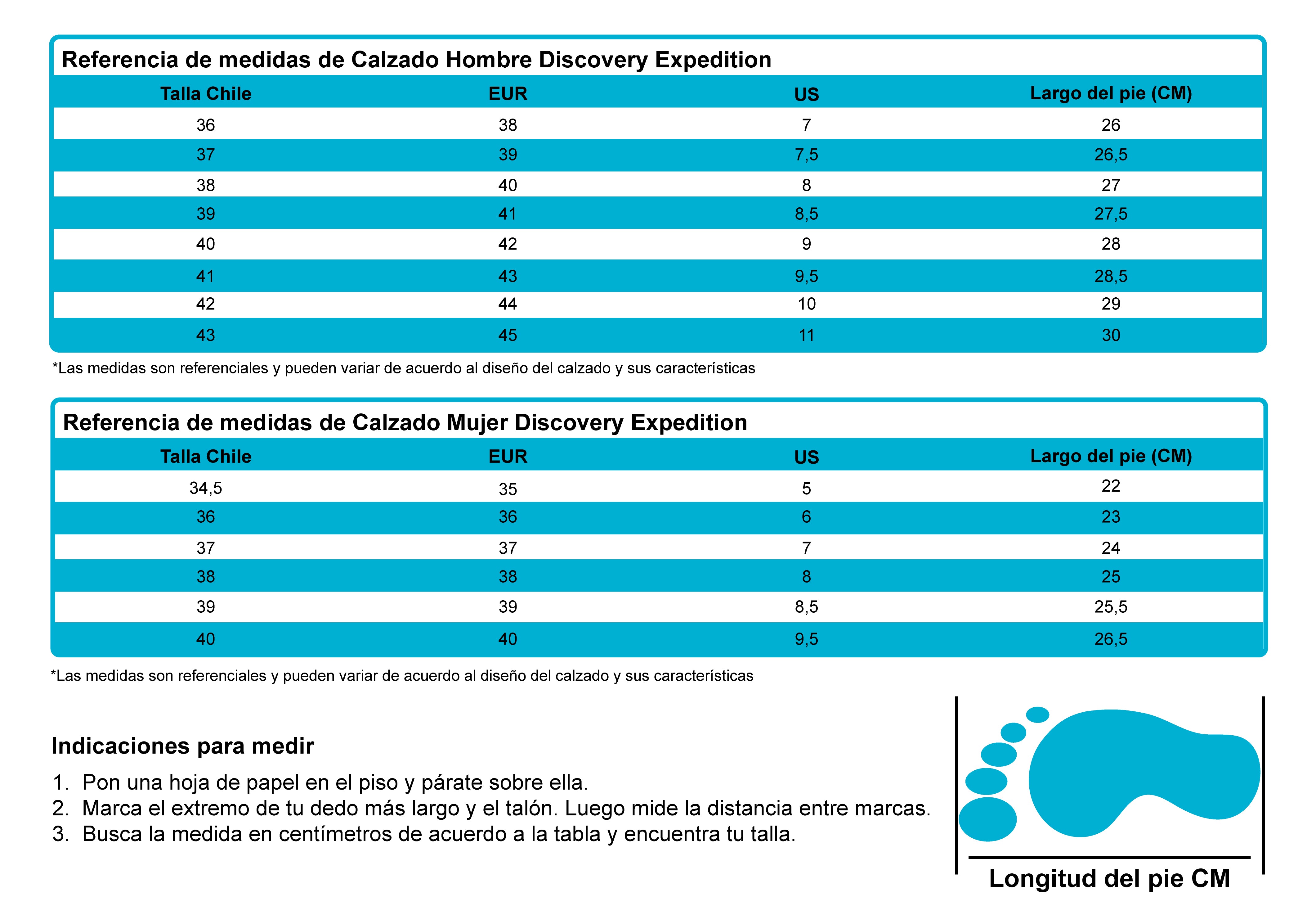 Guía de tallas Discovery para hombre y mujer con equivalencias Chile, EUR, US y largo del pie en centímetros